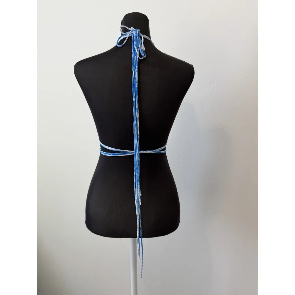 Mikoh Blue White Wave Tie Dye Triangle Bikini Top Strappy Halter Swim Sz L Soft